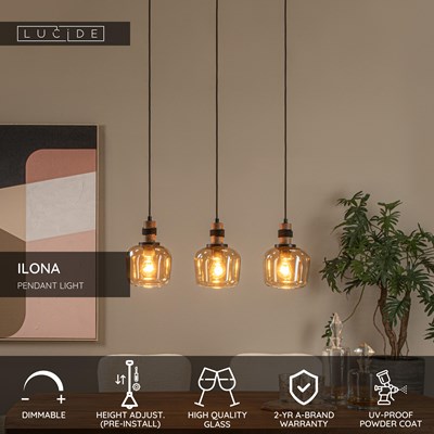 Lucide ILONA - Pendant light - 3xE27 - Amber